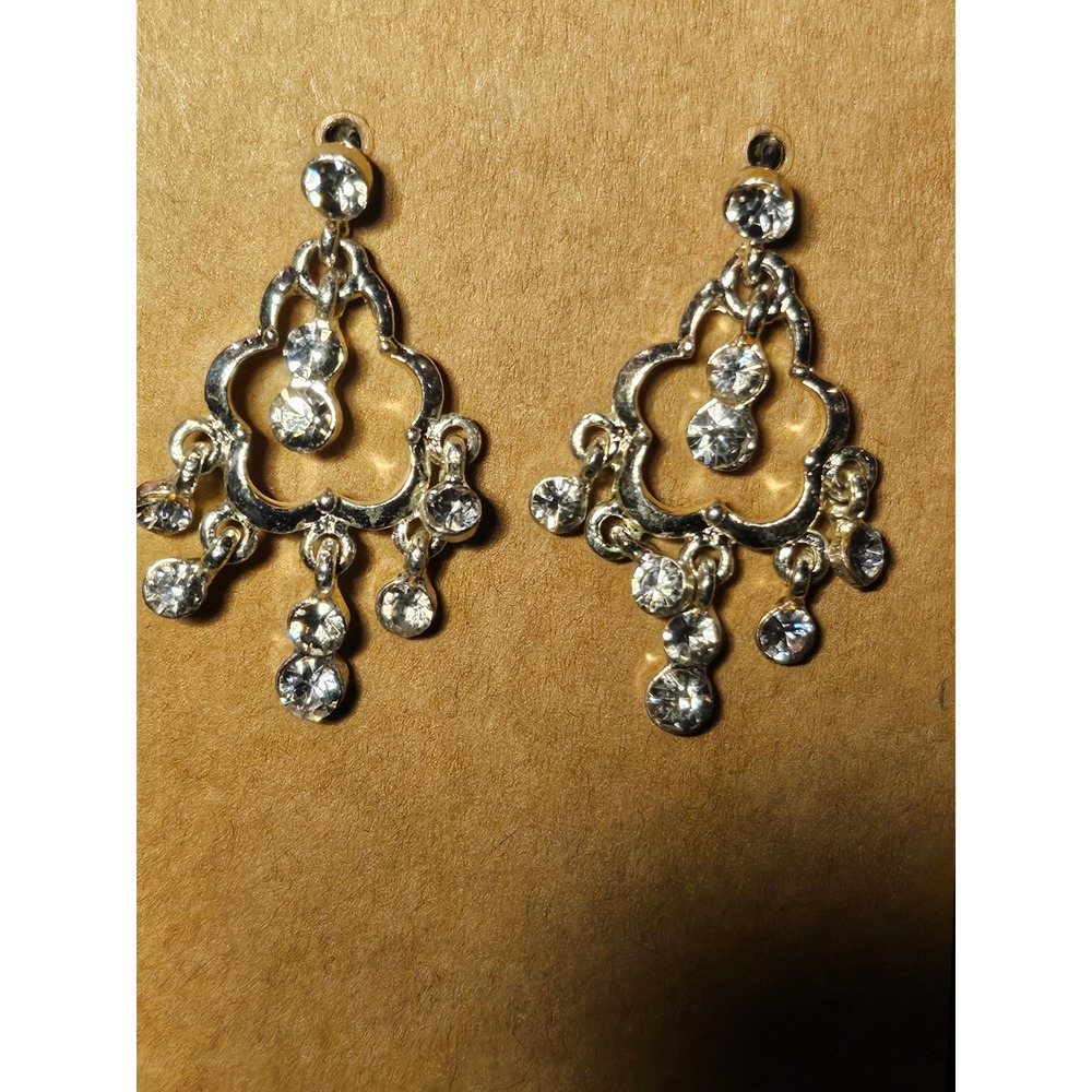 Vintage Silver Tone Chandelier Earrings Clear Rhinestone Drop Dangle Post Back